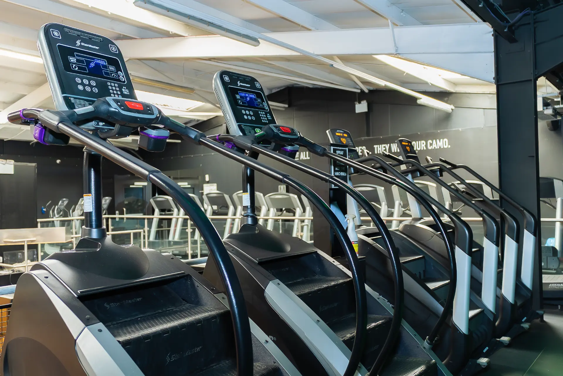 StairMaster stair climbers lined up in the cardio zone