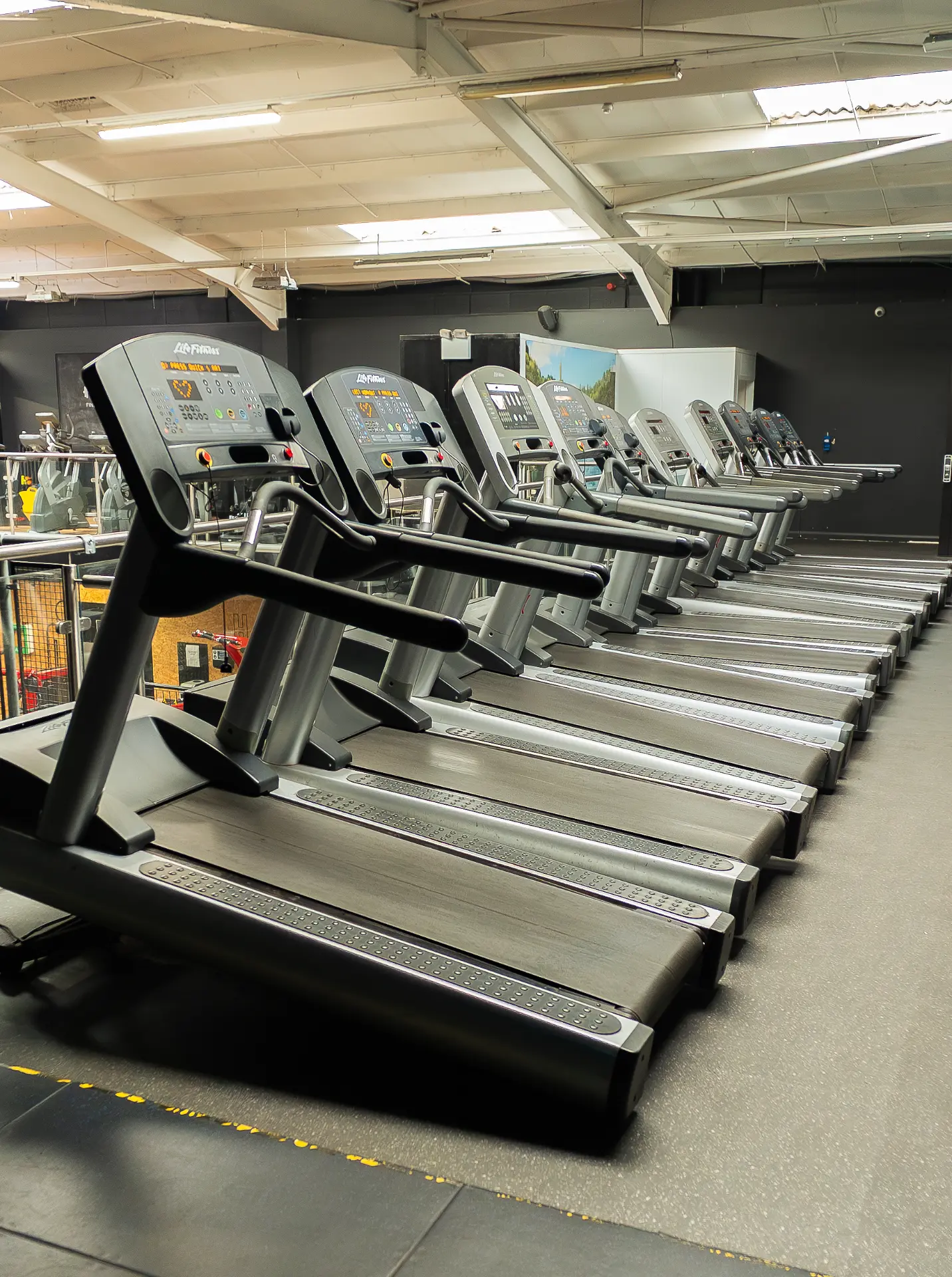 Row of Life Fitness treadmills in the cardio area at Heros, King's Lynn